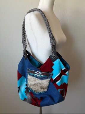 Western Boho Handmade Hobo Bag Aztec Print Denim Cowhide Pocket Rope Strap Purse